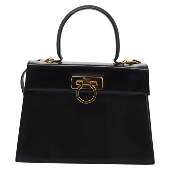 Salvatore Ferragamo Gancini Hand Bag Leather 2way Black Gold Auth MY114 - Picture 3 of 15